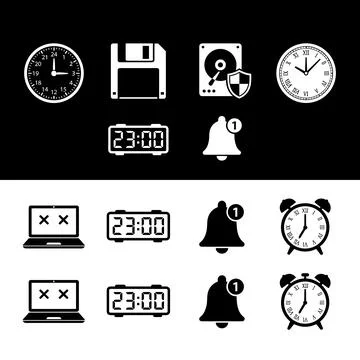 Collection of white technology and time icons on black and white background.. Stock Illustration