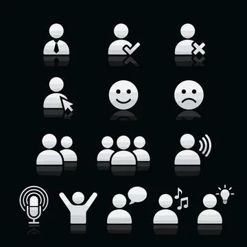Collection of white user interface icons representing people, emotions, act.. Stock Illustration