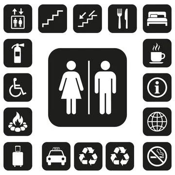 Collection of white vector icons on black rounded squares for public facili.. Stock Illustration