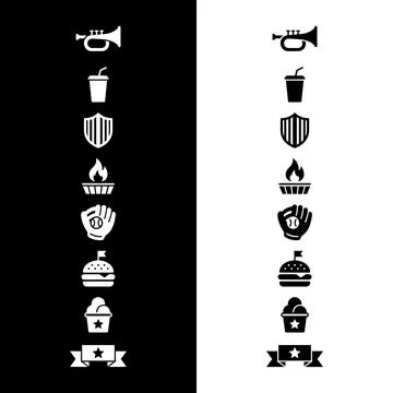 Collection of white vector icons on black and white background: trumpet, dr.. Stock Illustration
