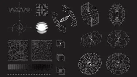 Collection of white waveforms, spirals, geometric grids, and mathematical Stock Illustration