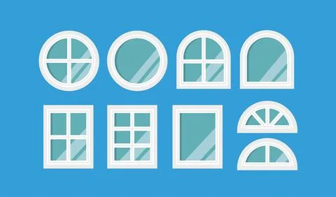 Collection of window icons in various shapes, house part illustrations. Ilustración de archivo