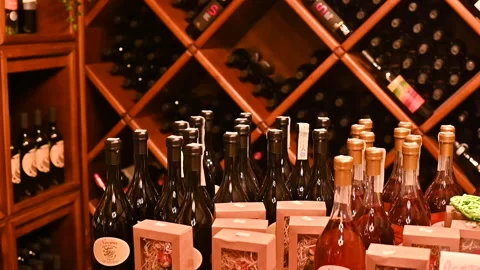 Collection of wine and wine drinks in a dark room of the restaurant. Concept of Vídeo Stock 166506064