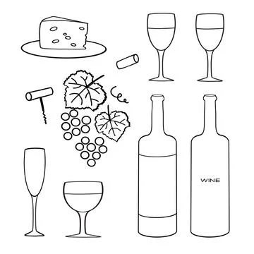 A collection of wine-related elements featuring glasses, bottles, corks, and Stock Illustration
