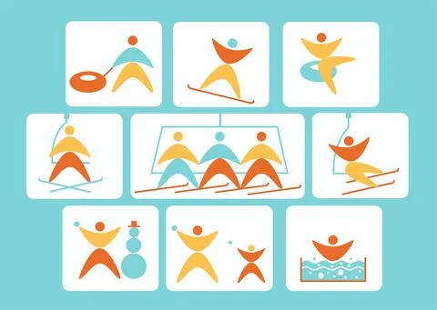 Collection of winter colorful linear navigation signs icons representing skiing Stock Illustration