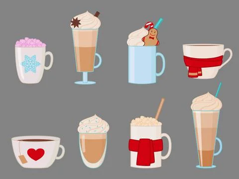 Collection of winter hot drinks in mugs and glasses. Vector illustration Stock Illustration