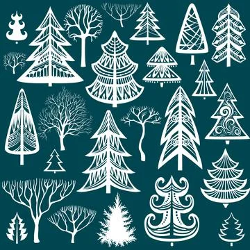 Collection of winter trees silhouettes Stock Illustration