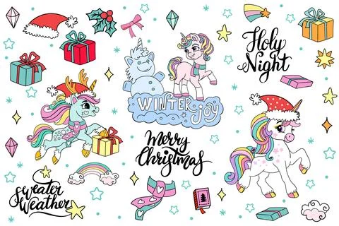 Collection with winter unicorn and elements stickers vector 스톡 일러스트