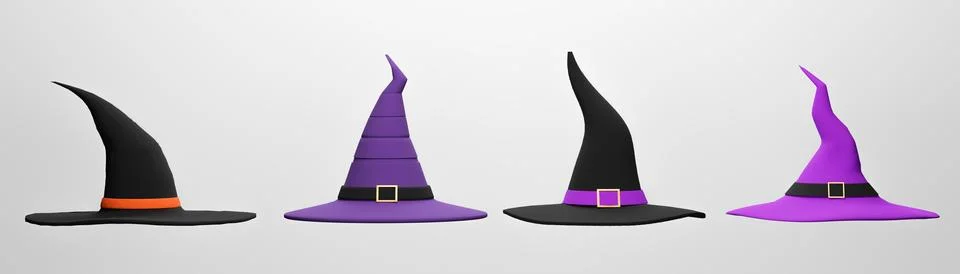 Collection of Witch Hat on white background for Halloween day. 3D render, 3D  Stock Illustration