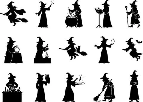Collection of Witch Silhouettes Performing Magic Rituals in Graphic Design .. 스톡 일러스트