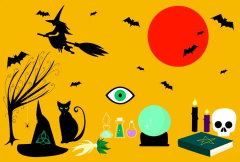 Collection witches tricks. Witch craft kit consisting spellbook, mandrake, ma 스톡 일러스트