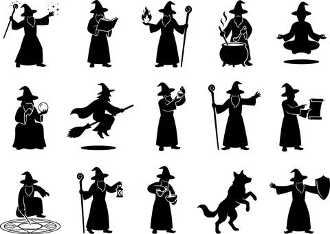 Collection of wizard silhouettes performing magical actions in a set of gra.. Ilustración de archivo