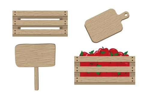 Collection of wooden objects box with red apple, cutting plate and sign board Illustrazione stock