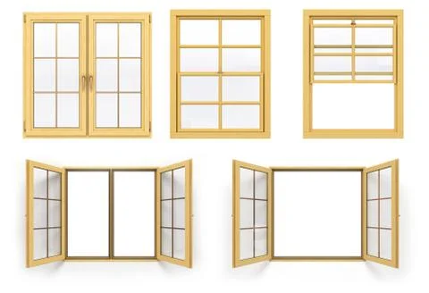 Collection of wooden windows 3d render isolated on white background Stock Illustration