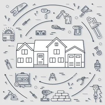 Collection of working tools icons items design. Construction instruments with Stock Illustration