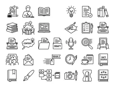 Collection of writing and content creation icons including typewriter, pen,.. Stock Illustration