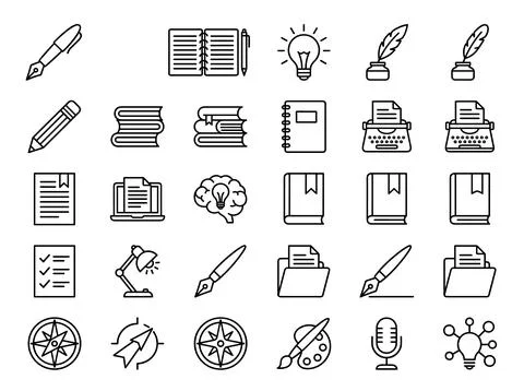 Collection of writing and creativity icons including fountain pens, pencils.. Stock Illustration
