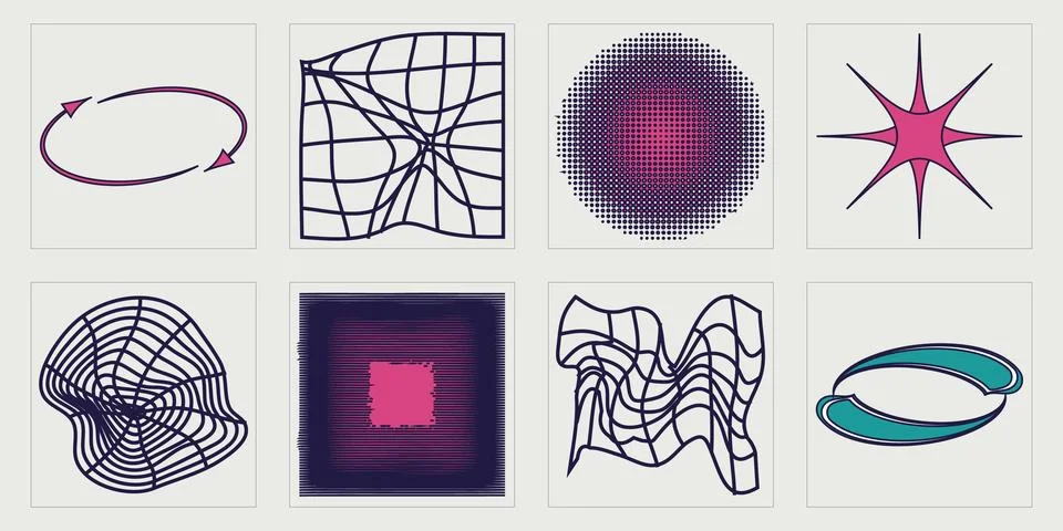 Collection of Y2K elements. Big collection of abstract graphic geometric symbols Stock Illustration