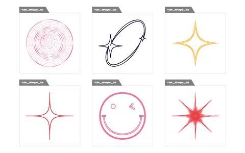 Collection of Y2K elements. Brutalism star and flower shapes. Objects in y2k Stock Illustration
