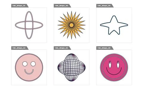 Collection of Y2K elements. Brutalism star and flower shapes. Objects in y2k イラスト素材