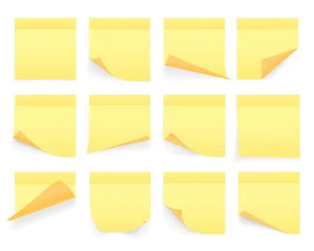 Collection of yellow colored sheets of note papers with curled corner and sha Stock Illustration