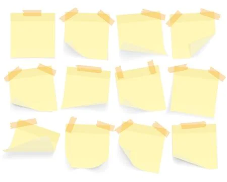 Collection of yellow colored sheets of note papers with curled corner and sha Stock Illustration