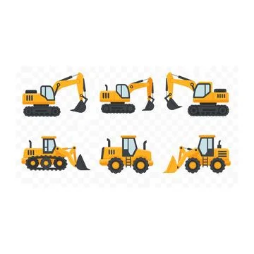 Collection of yellow construction vehicles and excavators Stock Illustration