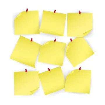 Collection yellow sticker pinned pushbutton with curled corner. Vector Ilustración de archivo