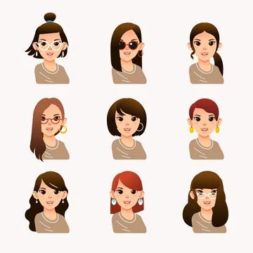 Collection of young woman with different modern hair style, long hair, short Stock Illustration