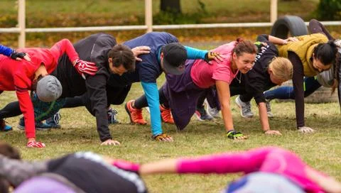 Collective horizontal plank. Stock Photos