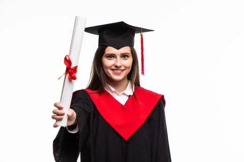 College degree. Happy young women in mortarboard holding diploma and smiling  Stock Photos