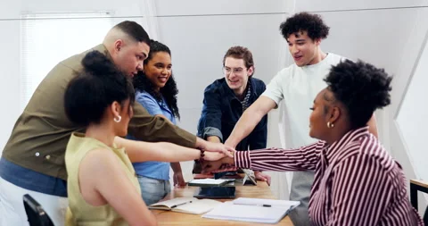 College, group and hand stack with friends, education and solidarity for Stock Footage 346762347