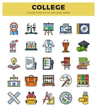 College icons depicting educational elements on a white background. Stock Illustration