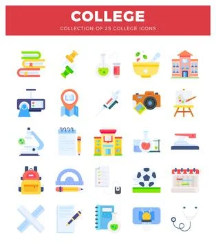 College icons. flat vector graphics of educational and scientific symbols. Illustrazione stock