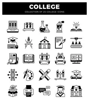 College icons in a grid format on a white background Illustrazione stock