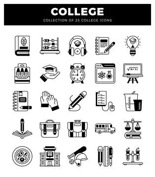 College icons in a grid layout. flat design. isolated on white. Illustrazione stock