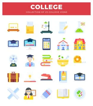 College icons including science. learning. and buildings. flat design. Stock Illustration