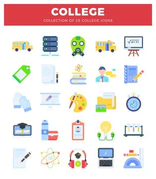 College icons set in a flat design with educational and academic symbols. Illustrazione stock
