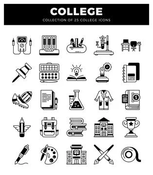 College icons on white background. Study and learning elements in a grid la.. Stock Illustration