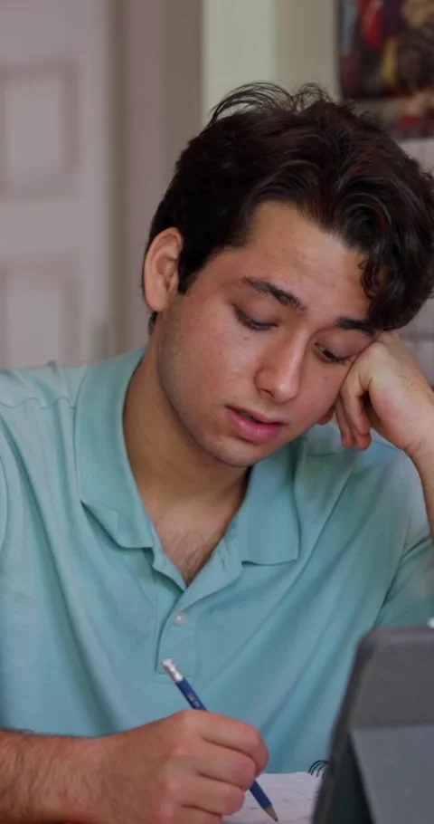 College Student Distracted By Smartphone While Studying At Home Stock Footage 331209525