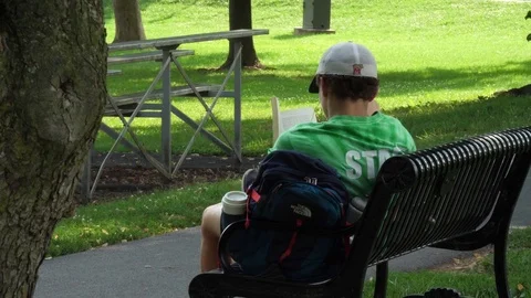 College Student Reading Book at Public Park Sitting Under Tree, 4K Stock Footage 79022579