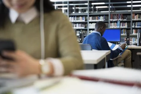 College student reviewing notes at computer in library Stock Photos