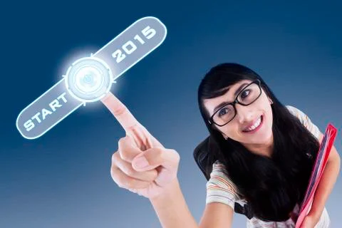 College student with a start button to future Stock Illustration