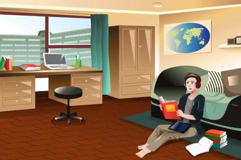 College student studying in dorm Stock Illustration