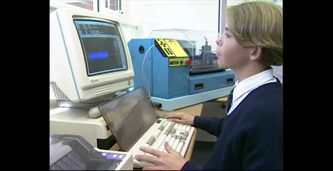 College student working on desktop computer in Australia, 1997 Stock Footage 318293158