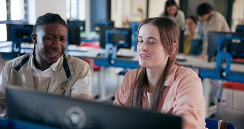 College, students and computer lab at school for university, tech and group Stock Footage 280836996