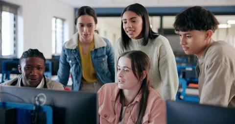 College, students and computer lab at school for education, tech and group Stock Footage 280837394