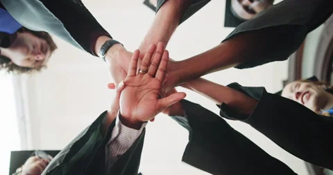 College, students and hand stack for graduation ceremony, degree completion or Stock Footage 346457904