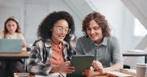 College, students and tablet in class with laugh, trending exam meme or online Stock Footage 346800175