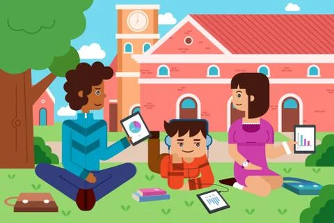 College students in the campus with tablet PC Stock Illustration